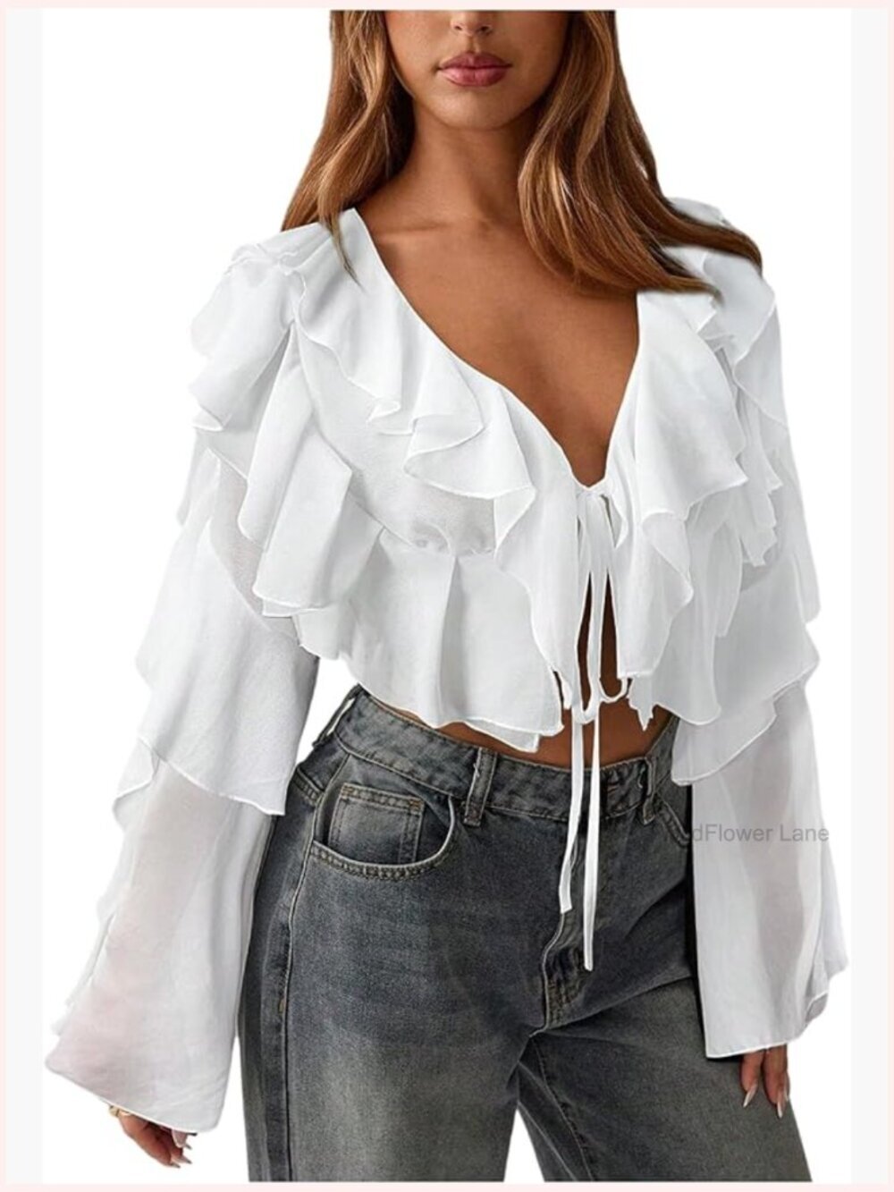 Ruffle Tiered Tie V Neck Crop Top Bell Sleeve Loose Fit